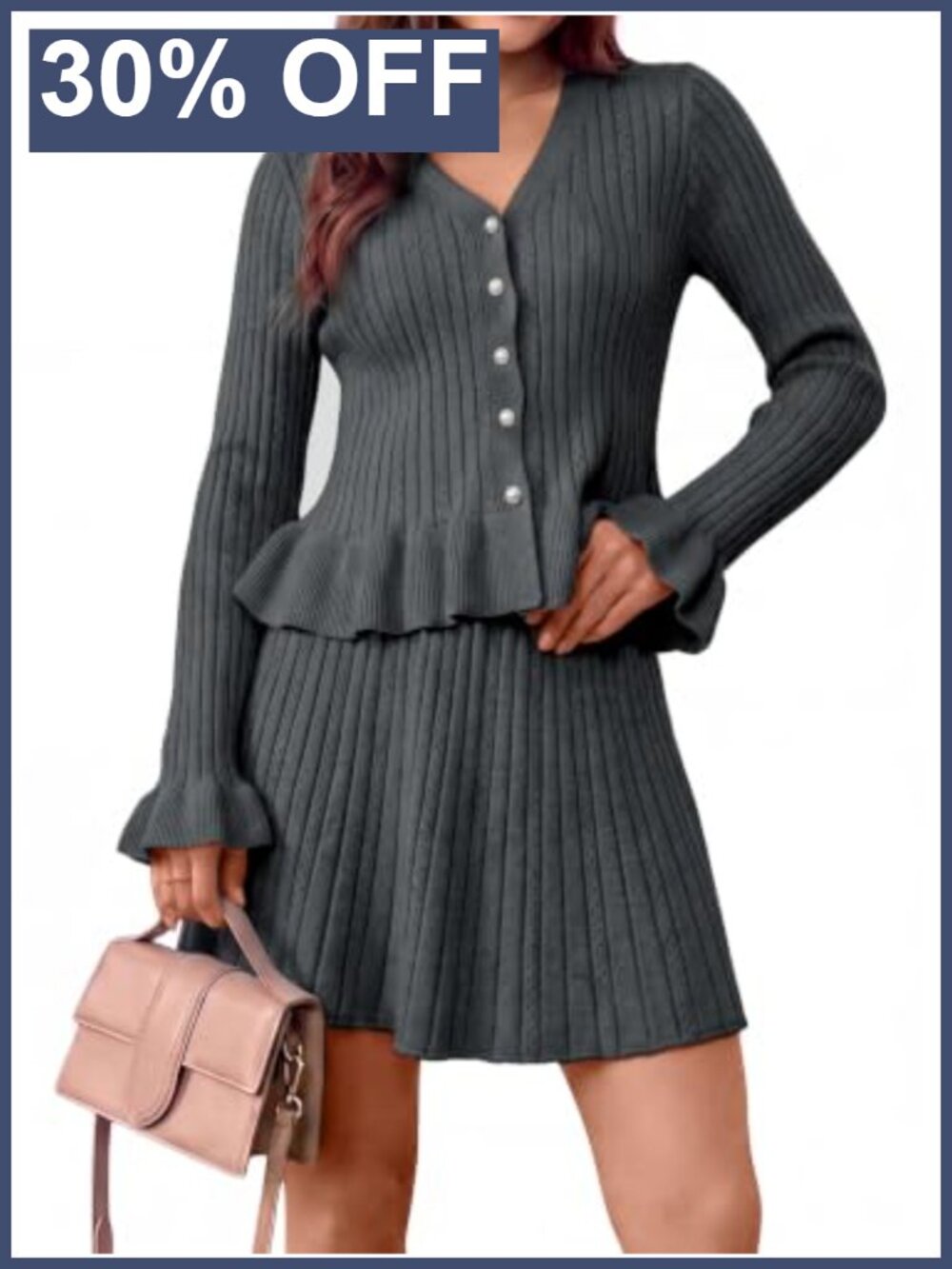 Ribbed Knit 2 Piece Skirt Set V Neck Ruffle Cardigan Mini Skirt